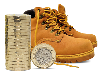 A stack of coins and a pair of work boots