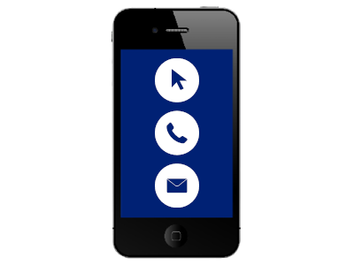 A mobile phone showing how to get in touch online, by phone or in writing