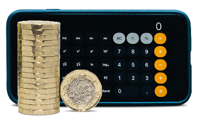 The calculator on a mobile phone next to a pile of coins