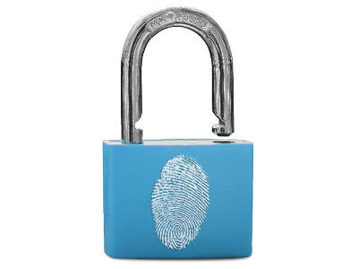 A blue padlock with a fingerprint on it