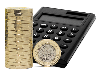 A stack of coins and a calculator