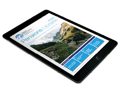 A tablet showing a copy of the Pensions Update newsletter