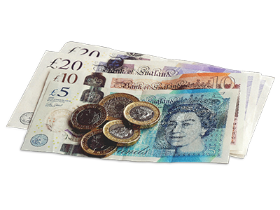 A small pile of coins and bank notes