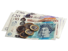 A small pile of coins and bank notes