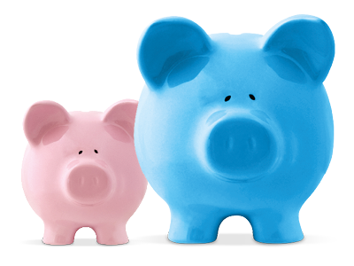 A small pink piggy bank next to a larger blue one