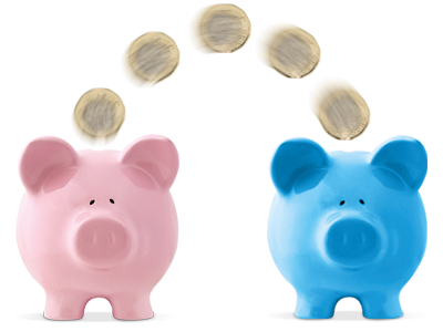 A number of pound coins flying between two piggy banks