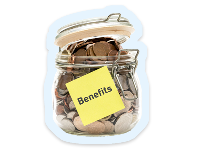 A jar of money with the word benefits on it