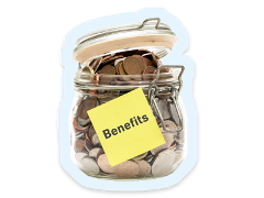 A jar of money with the word benefits on it