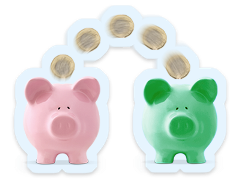 Pound coins move between a pink piggy bank and a green piggy bank