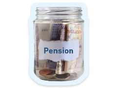 A jar of money with the word pension on it
